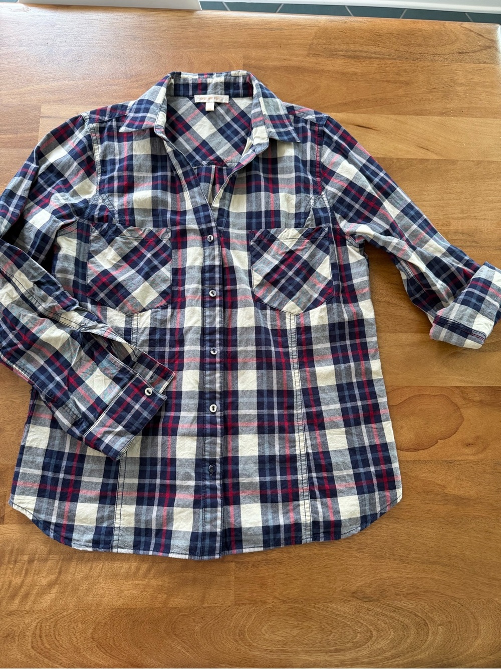 Skies Are Blue Women’s Plaid Button-Down Shirt - Blue, White & Red - Size MP